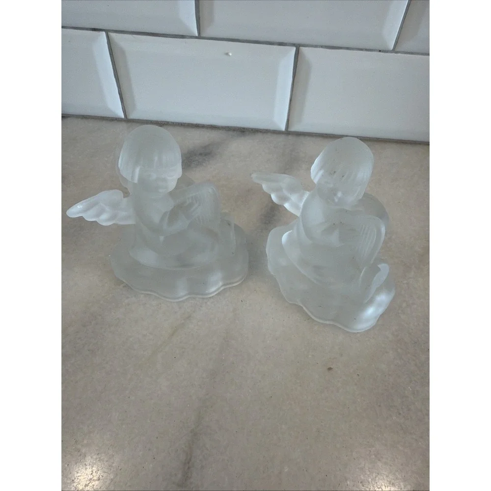 Set Of 2 Vintage 1995 MJ Hummel Frosted Crystal Glass Candle Holder Angel Avon 2
